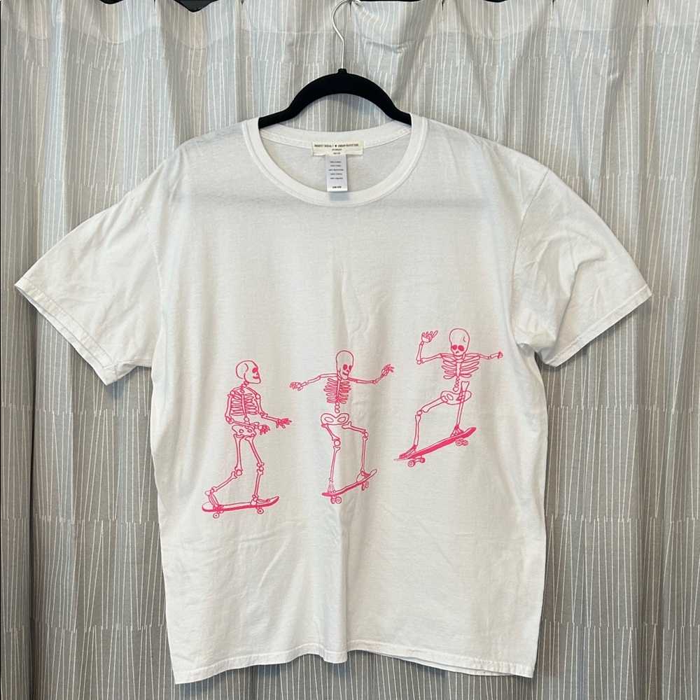 Project Social T Urban Outfitters White Cotton Crewneck Pink Skeletons one size